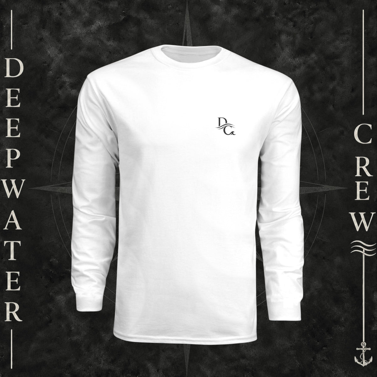 Deepwater Crew Co. white long-sleeve performance shirt with UPF 44+ protection on a fishing boat deck.