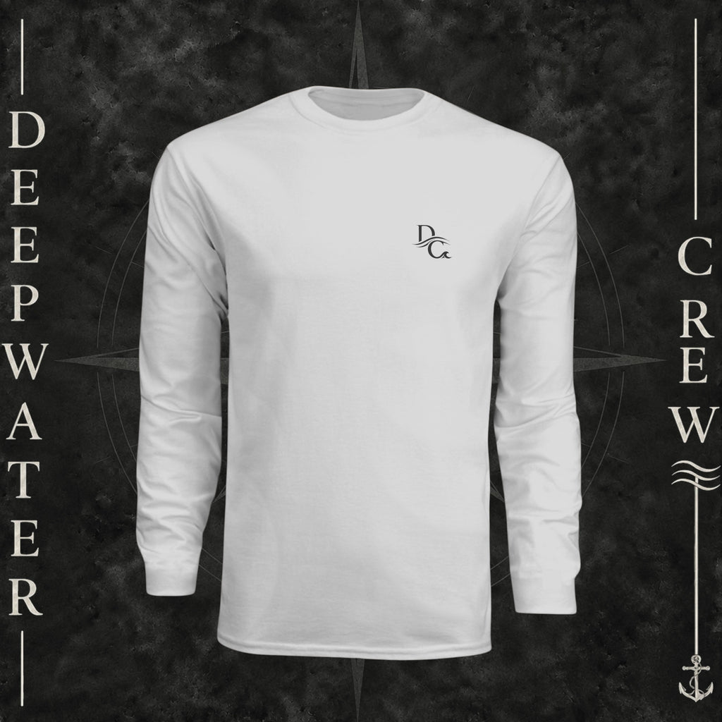Deepwater Crew Co. white long-sleeve performance sun shirt with logo on a boat deck with fishing rods