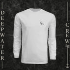 Deepwater Crew Co. white long-sleeve performance sun shirt with logo on a boat deck with fishing rods
