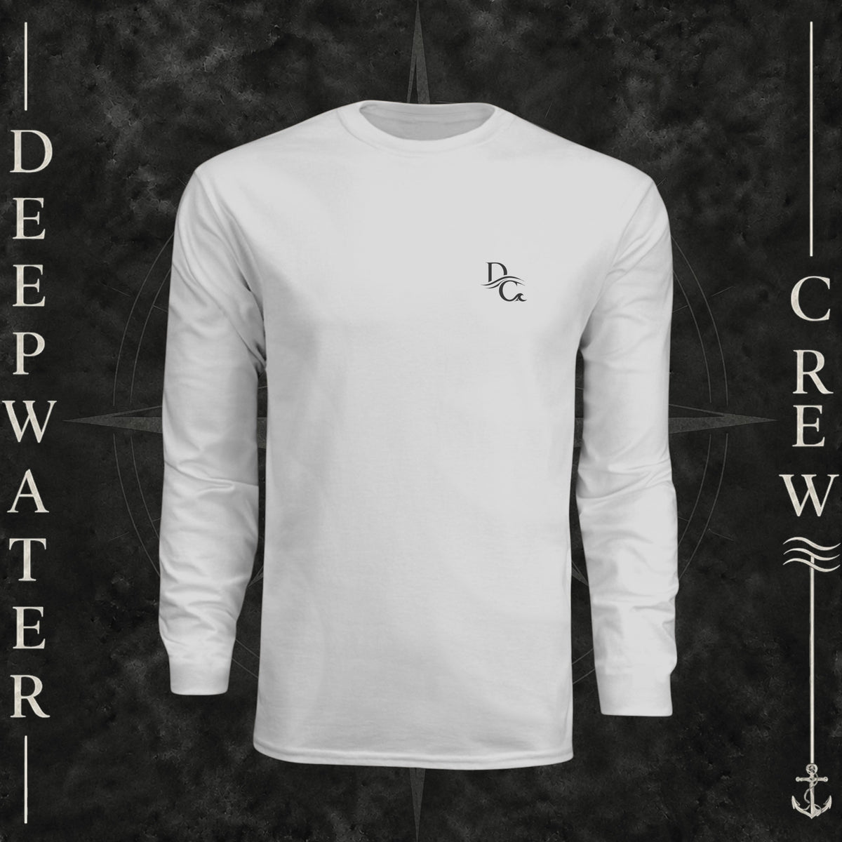 Deepwater Crew Co. white long-sleeve performance sun shirt with logo on a boat deck with fishing rods
