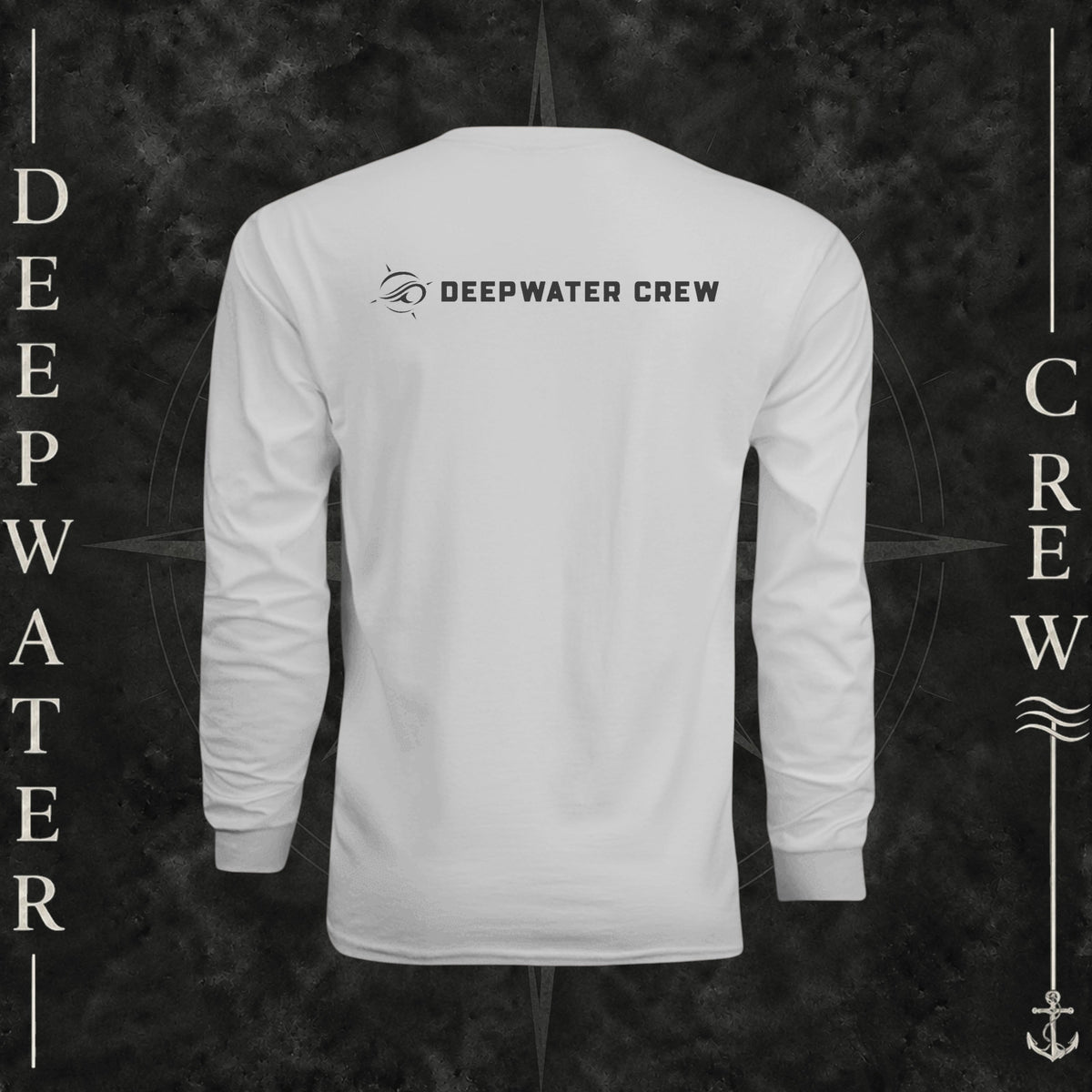 Deepwater Crew Co. white long-sleeve performance sun shirt with back logo, worn on a boat with fishing rods.