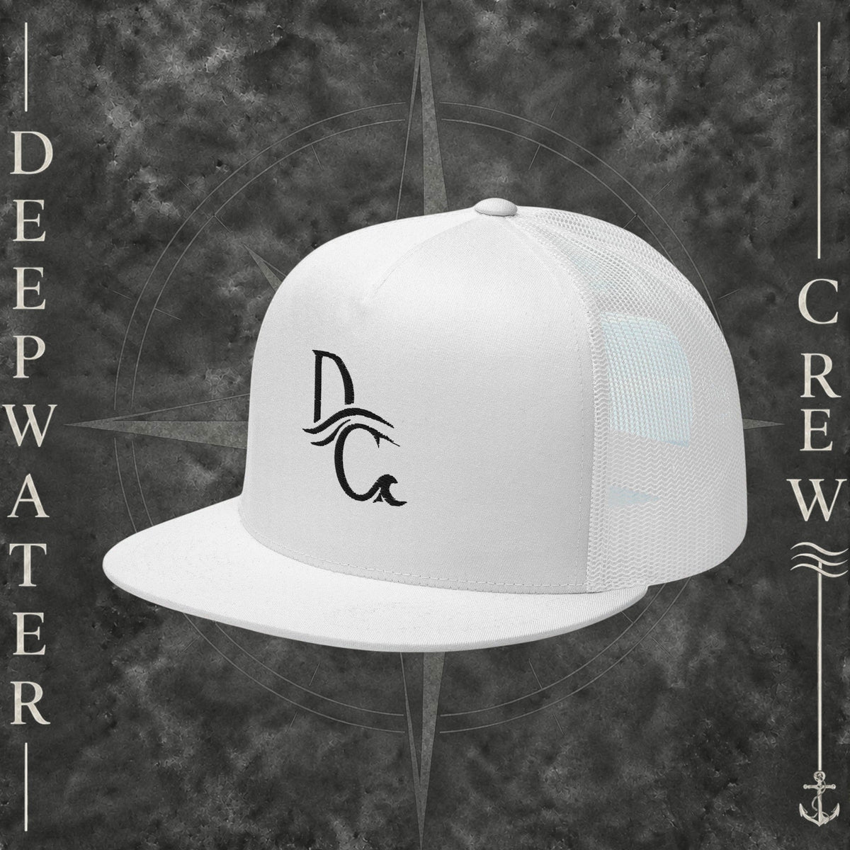 Deepwater Crew Co. white five-panel trucker cap with a flat bill and black embroidered wave-and-compass logo
