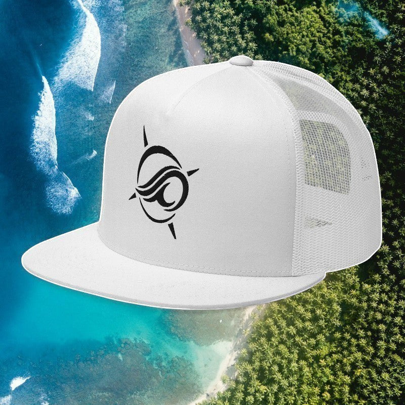 Deepwater Crew Co. white 5-panel flat-bill trucker cap with black embroidered wave-and-compass logo and mesh back.
