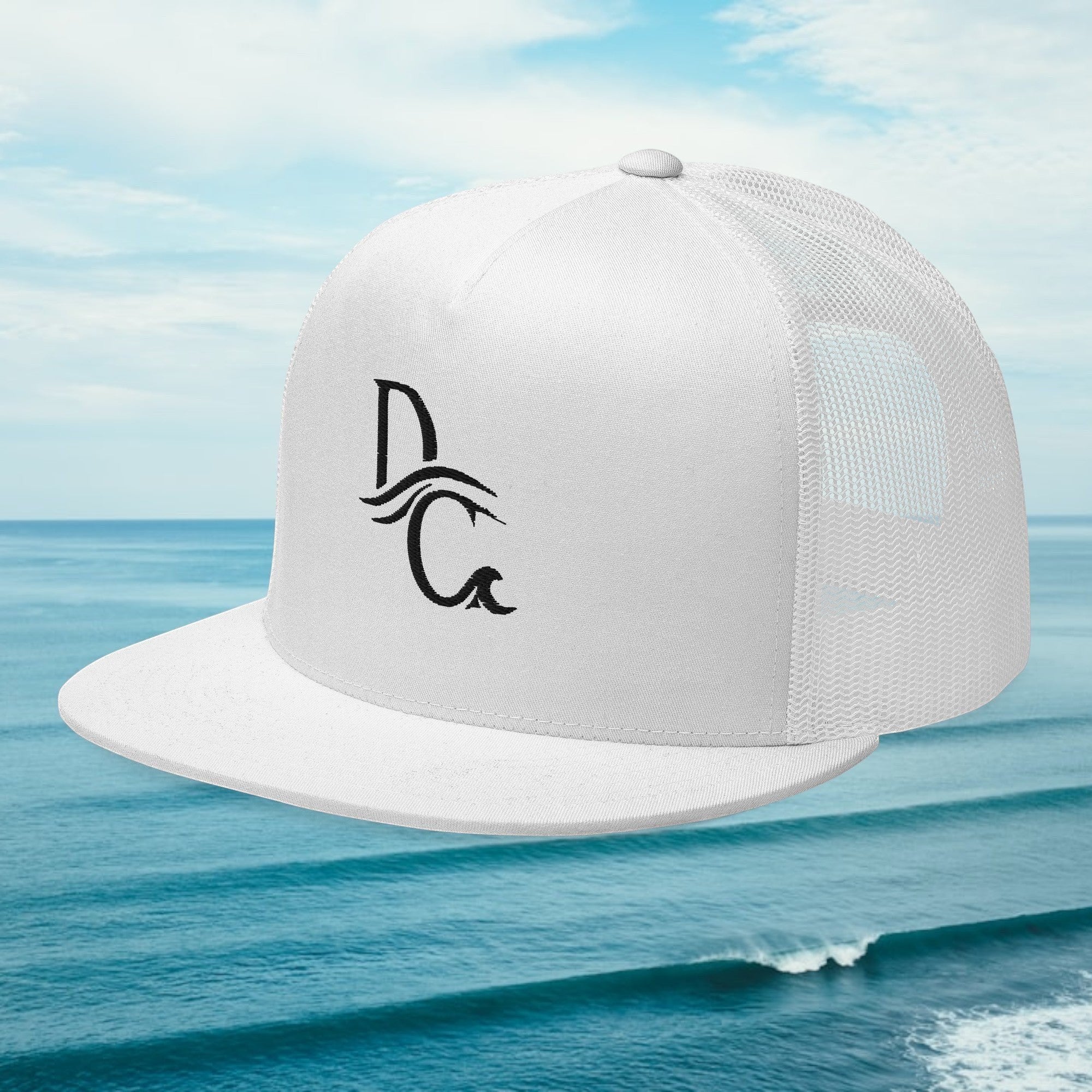Deepwater Crew Co. white five-panel trucker cap with a flat bill and black embroidered wave-and-compass logo