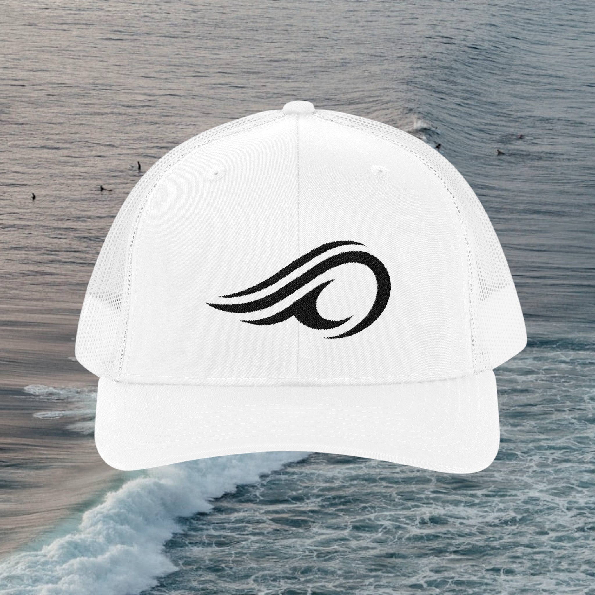 Deepwater Crew Co. white trucker hat with black wave logo embroidery and mesh back.