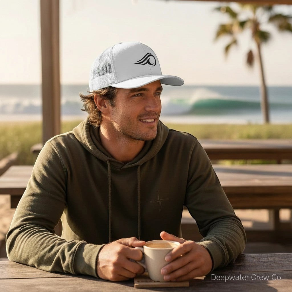 Deepwater Crew Co. white trucker hat with black wave logo embroidery, mesh back, and curved brim.