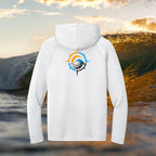 Deepwater Crew Co. white long-sleeve performance UPF hoodie with a compass wave logo on the back against a wave background