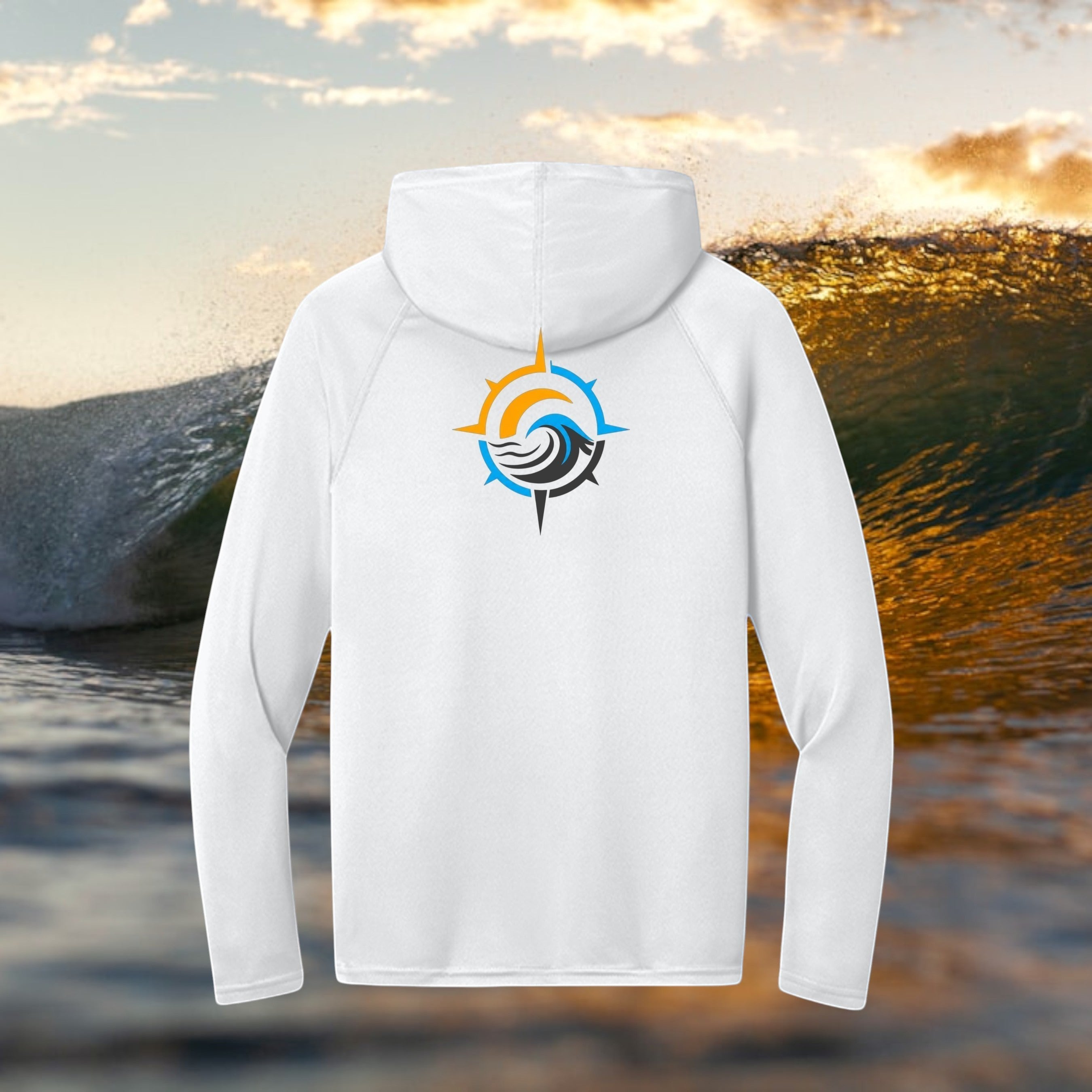 Deepwater Crew Co. white long-sleeve performance UPF hoodie with a compass wave logo on the back against a wave background