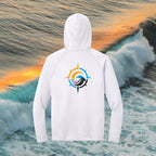 Deepwater Crew Co. white performance UPF 44+ hoodie with a compass and wave graphic on the back