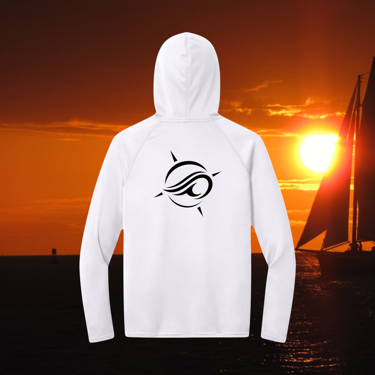 Back view of a white Deepwater Crew Co. performance sun hoodie featuring a black wave logo and raglan sleeves.