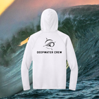 Deepwater Crew Co. white performance UPF 44+ sun hoodie with black logo on back for fishing and boating