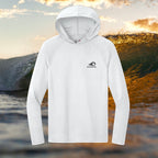Deepwater Crew Co. white long-sleeve performance UPF hoodie with moisture-wicking fabric and raglan sleeves.