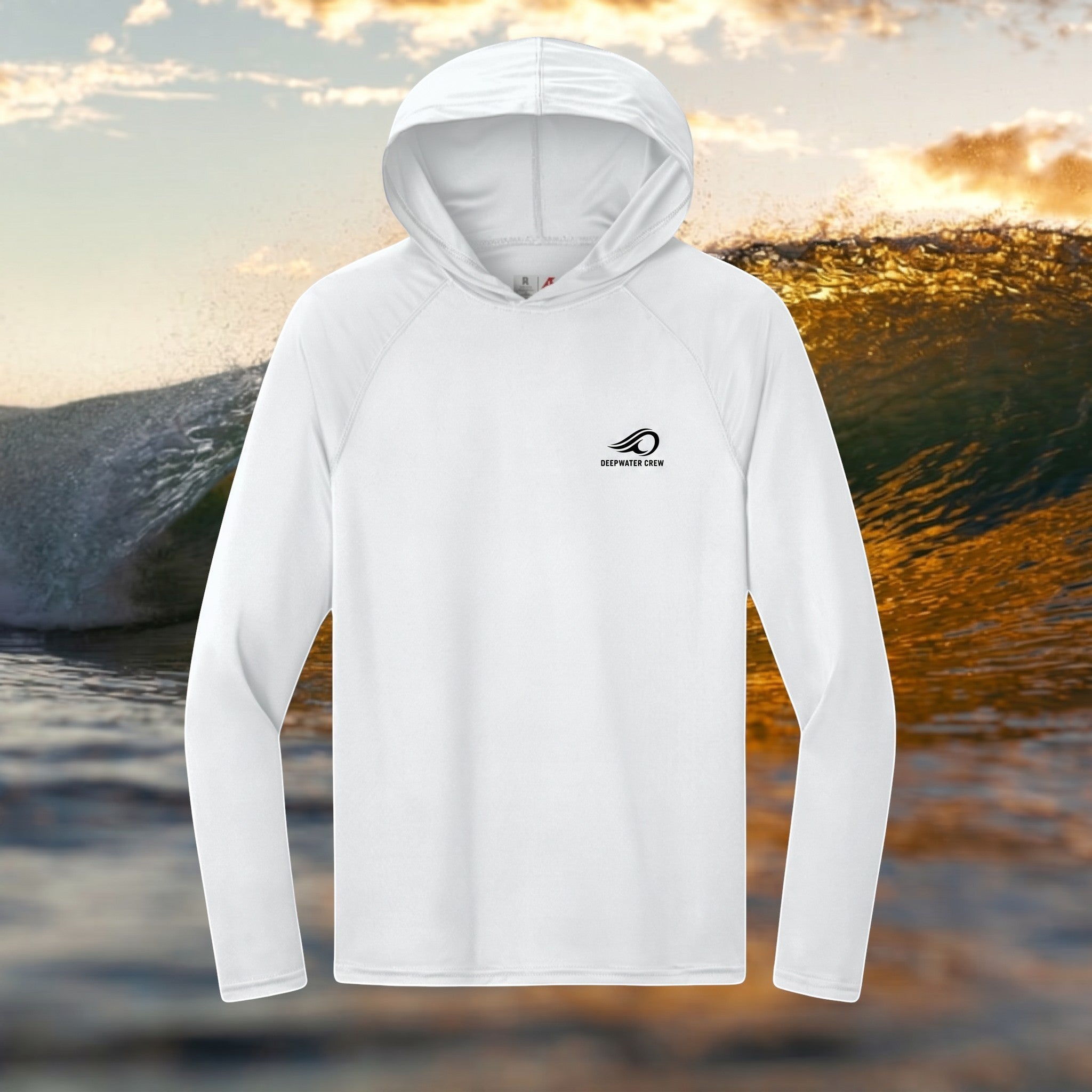 Deepwater Crew Co. white long-sleeve performance UPF hoodie with moisture-wicking fabric and raglan sleeves.