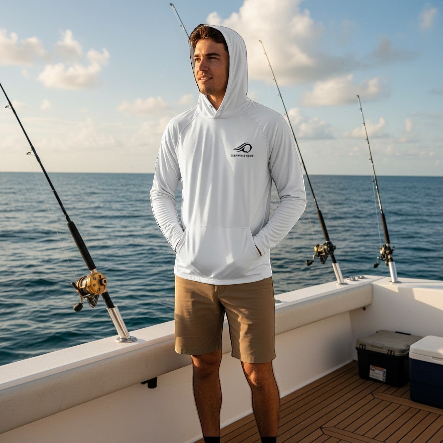 A man wearing a Deepwater Crew Co. white lightweight UPF performance hoodie on a fishing boat at sea.