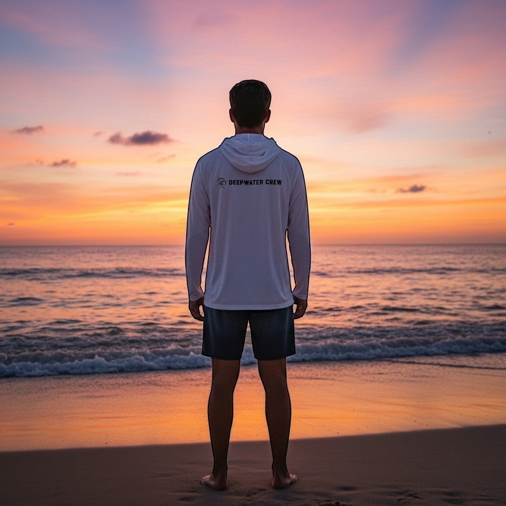 Man wearing a white Deepwater Crew Co. UPF performance hoodie standing on a beach at sunset.