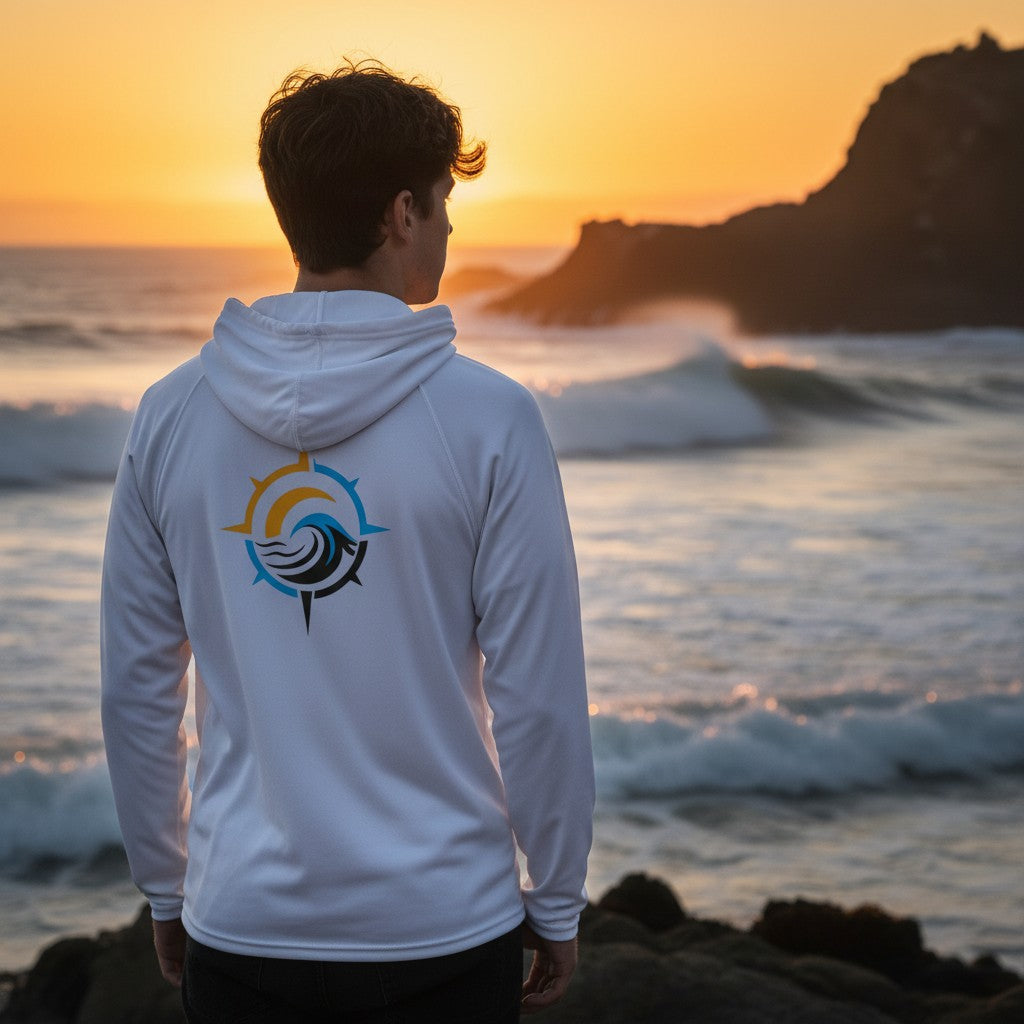 Deepwater Crew Co. white performance UV hoodie with a nautical logo on the back, worn by a man at sunset by the ocean.