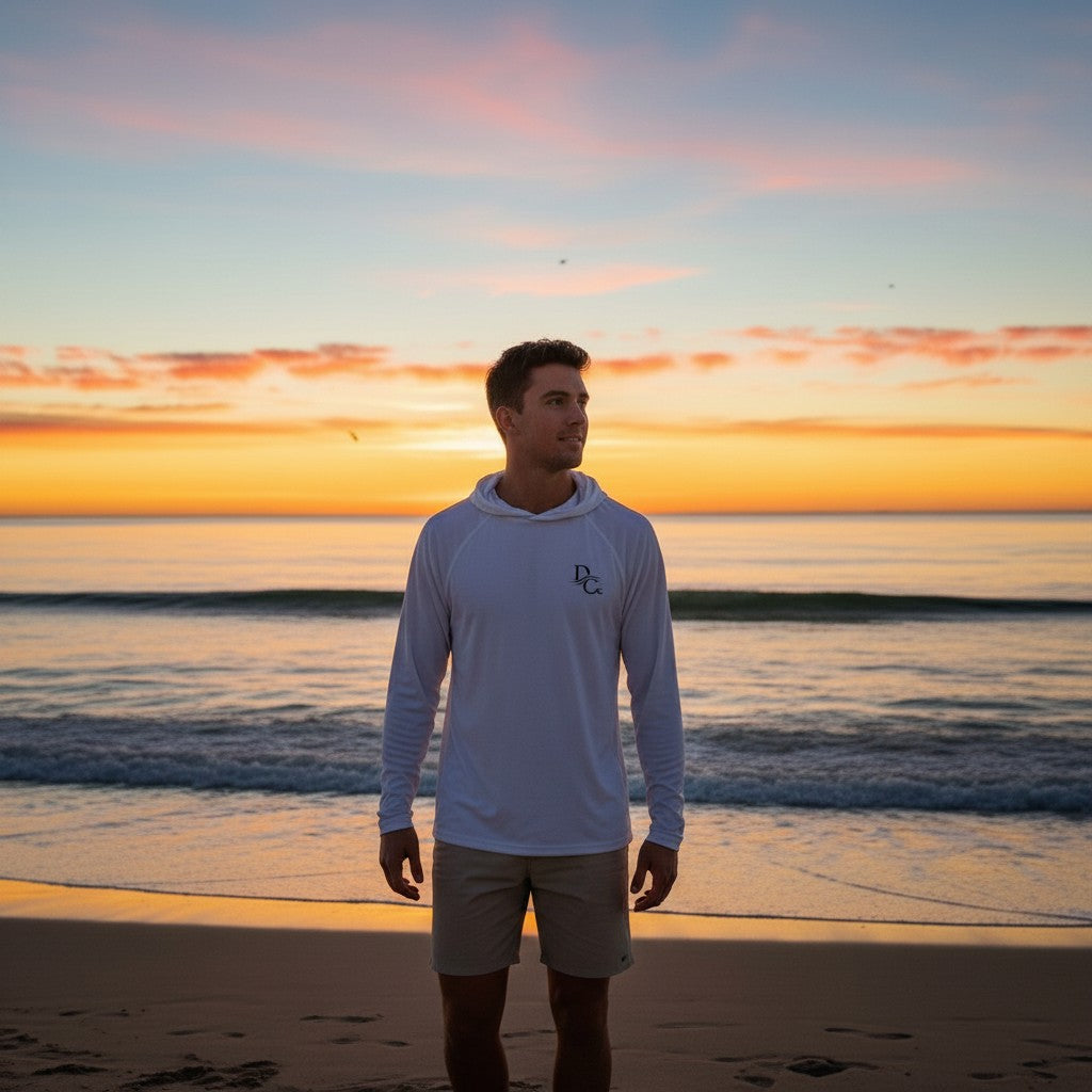 Man wearing a white Deepwater Crew Co. long-sleeve UV performance hoodie on the beach at sunset.