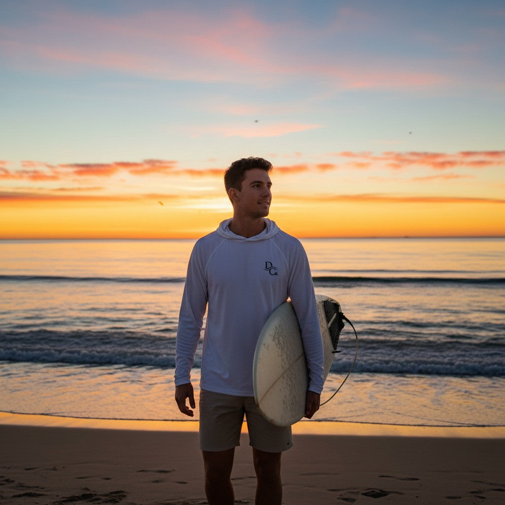 A man wearing a white Deepwater Crew Co. UV performance hoodie holding a surfboard on the beach at sunrise.